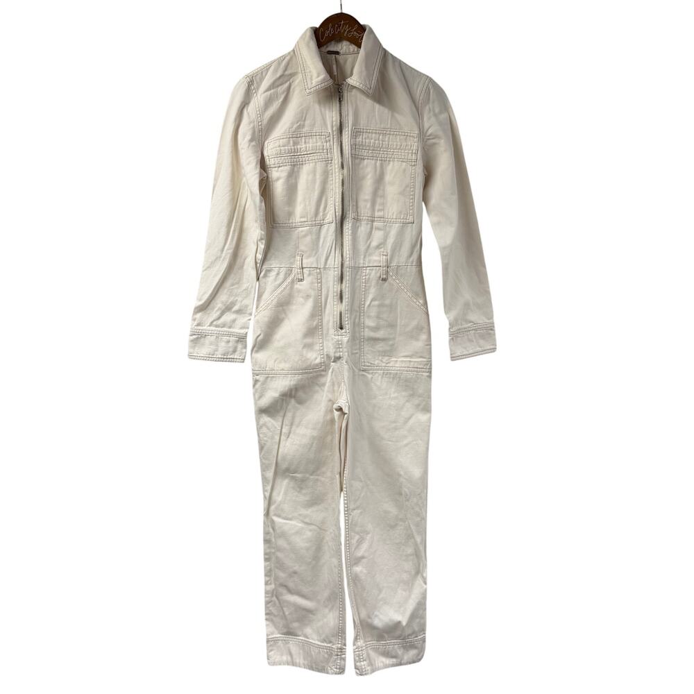 Free People White Jumpsuit 0 Jean Coveralls Wide Leg Zip Tie Belt